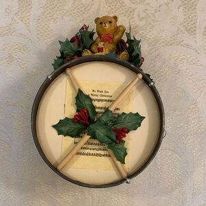 Festive Bear Drum Ornament with Holly Accents Music Box